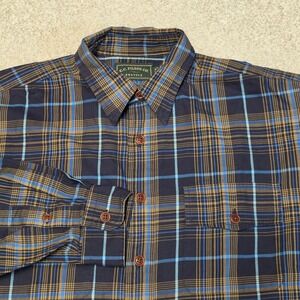 Filson Mens Large Plaid Button Down Shirt Blue Tan 100% Cotton Long Sleeve L